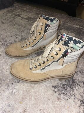 CHANEL Beige and Cream Suede Lace-Up Combat Boots